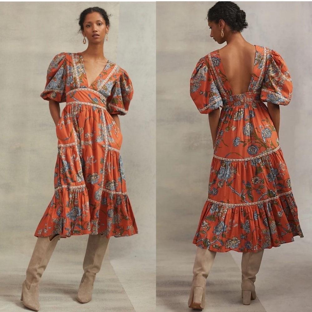 Anthropologie Puff-Sleeved Tiered Midi Dress
